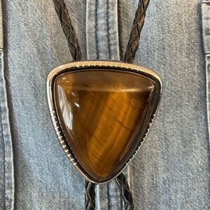 Natural Tiger's Eye Stone Mens Vintage Bolo Tie Wedding Necklace Western Cowboy